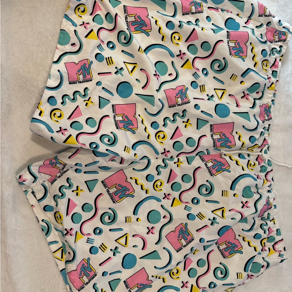 MTV Retro Pattern Swim Trunks - Pink, Blue, Yellow